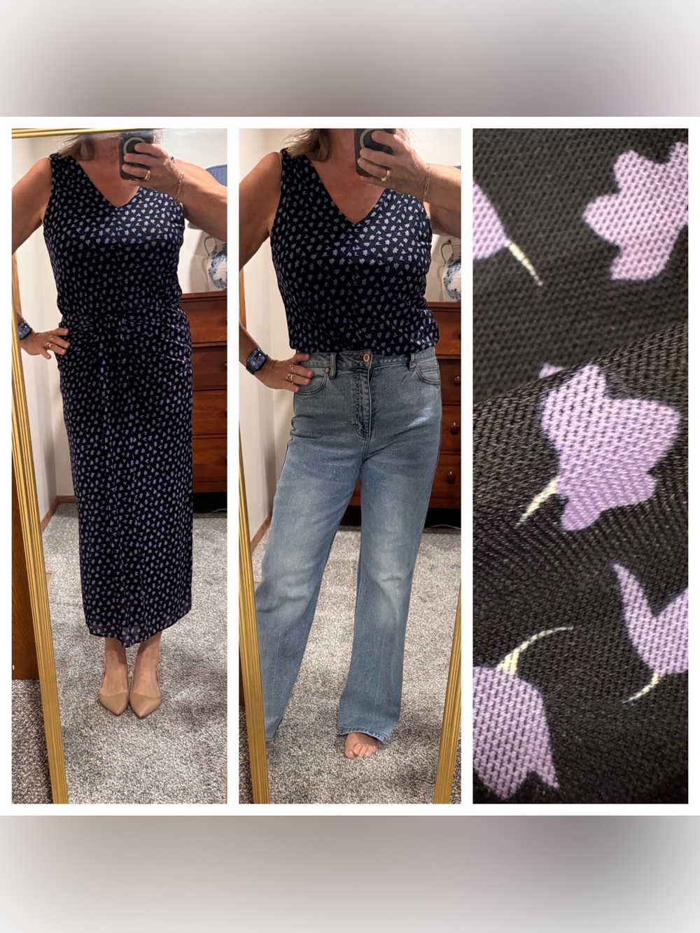 CAbi Navy Sleeveless Top and Skirt separates/set with Purple Floral Print